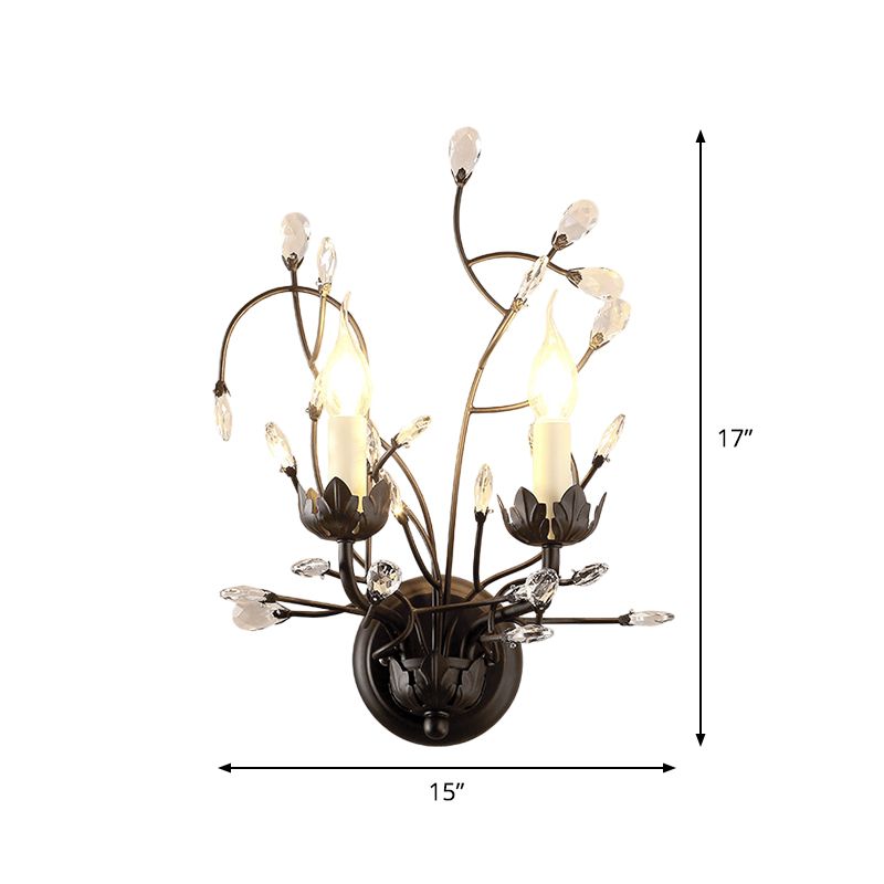 2-Bulb Candlestick Wall Light Fixture Minimalism Black Crystal Sconce Lamp with Branching Design