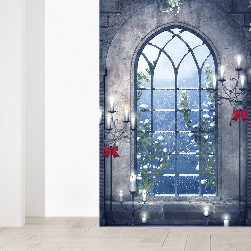 Contemporary Candles and Window Mural Non-Woven Waterproofing Gray Wall Art for Playroom