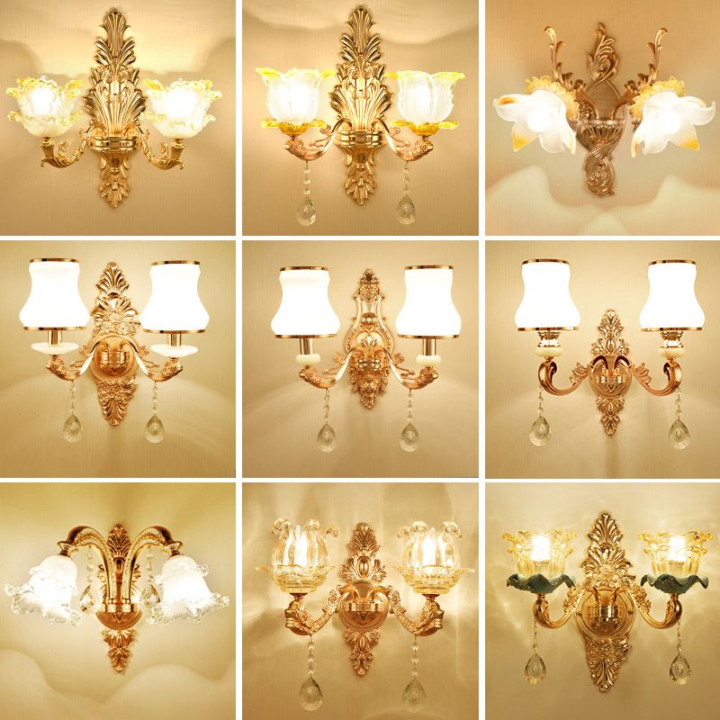 Gold Floral Wall Light Fixture Vintage Glass Living Room Wall Mounted Lamp with Crystal Accent