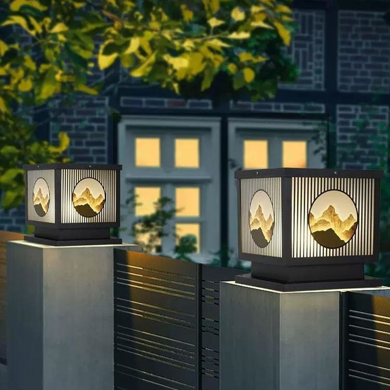 Modern Metal Solar Pillar Lamp Square Shape Outdoor Waterproof Light in Black