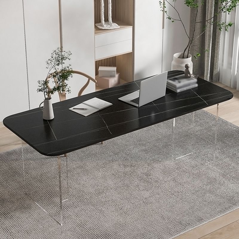 Contemporary Rectangle Dining Table Sintered Stone Dining Table with Clear Acrylic Double Pedestal