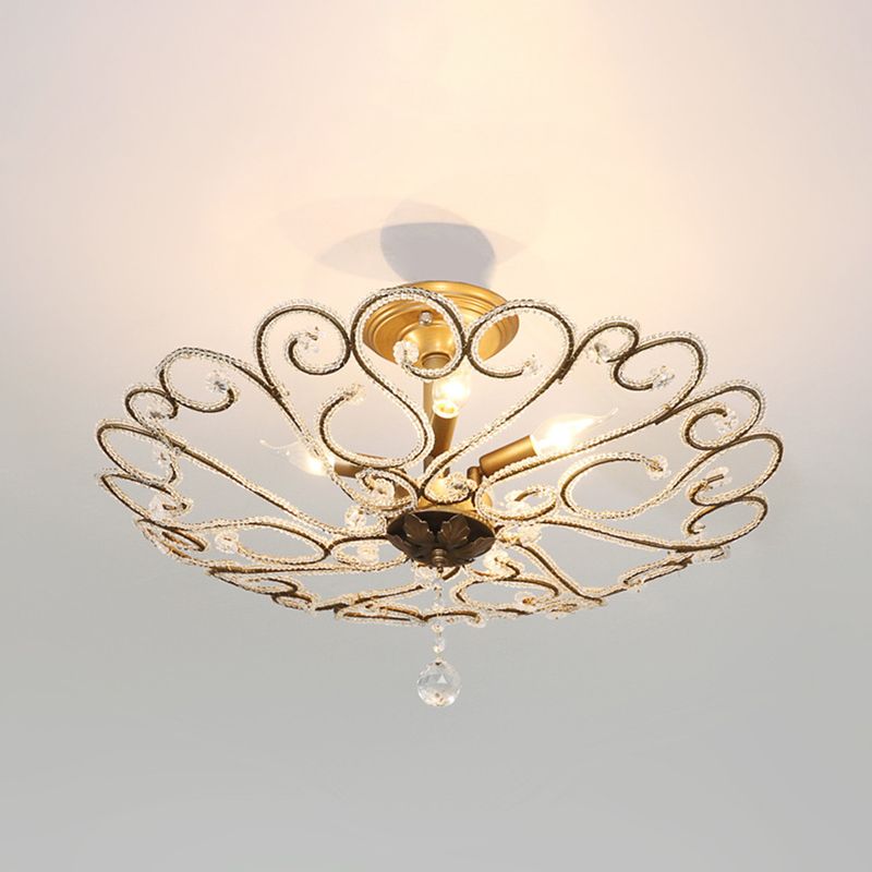 4/5-Light Bedroom Ceiling Flush Modernist Gold Semi Mount Lighting Fixture with Beaded Crystal Shade