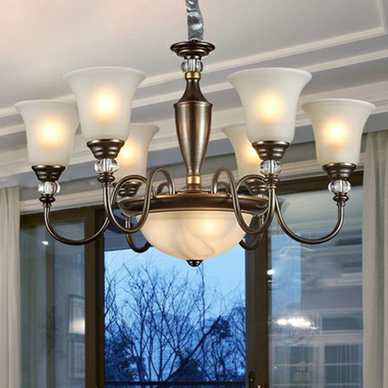 Black Curved Chandelier Pendant Light Vintage Iron Living Room Hanging Light with Bell Opal Glass Shade