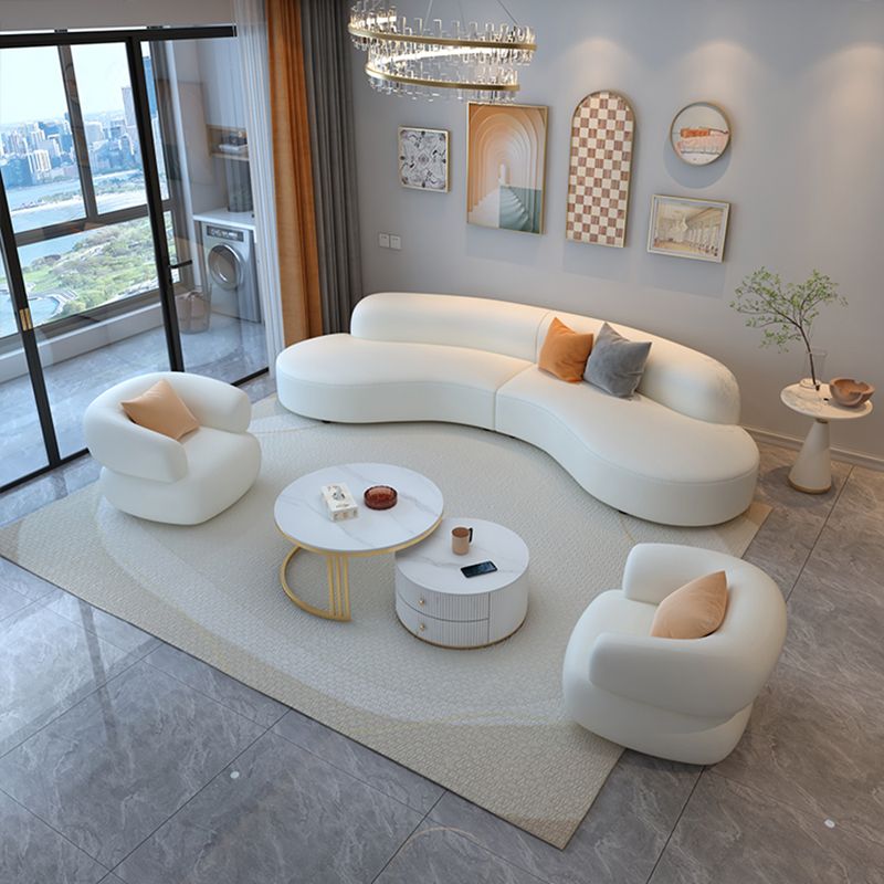 White Cushion Solid Wood Curved Corner Loveseat for Living Room