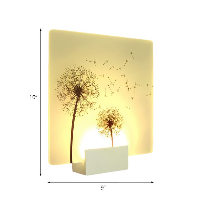 Chinese Square Acrylic Wall Mural Lamp LED Wall Mount Light Fixture in White with Dandelion Pattern