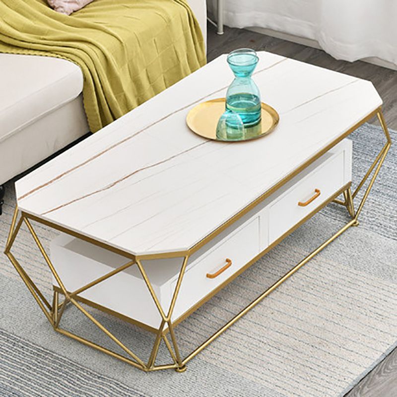 Slate Rectangular Coffee Table Golden Frame Abstract Cocktail Table with Drawer