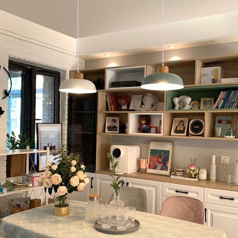 Moderne creatieve enkele hanglamp licht houten koepel macaron hangende lamp met ijzeren schaduw