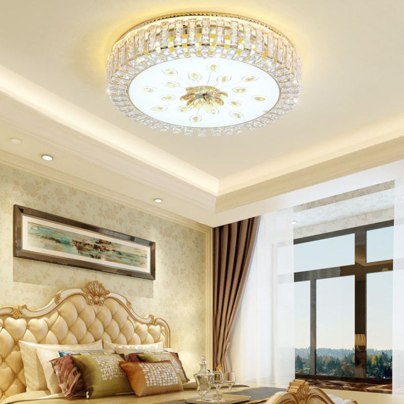 Gold Circular LED Ceiling Light in Modern Luxury Style Crystal Flush Mount with Glass Shade