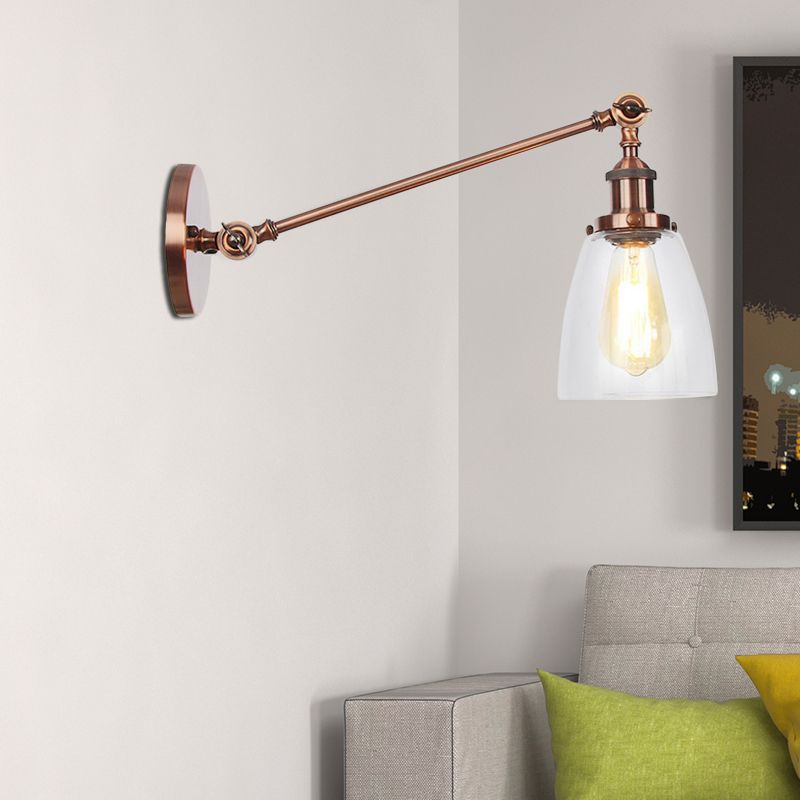 Black/Bronze/Brass 1 Light Wall Light Fixture Industrial Style Clear Glass Tapered Sconce with Arm, 8"/12" L