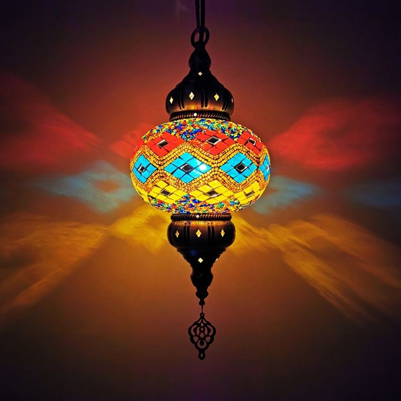 1 Head Cut Glass Ceiling Pendant Light Traditional Beige/Yellow/Blue Oval Dining Room Hanging Light Fixture