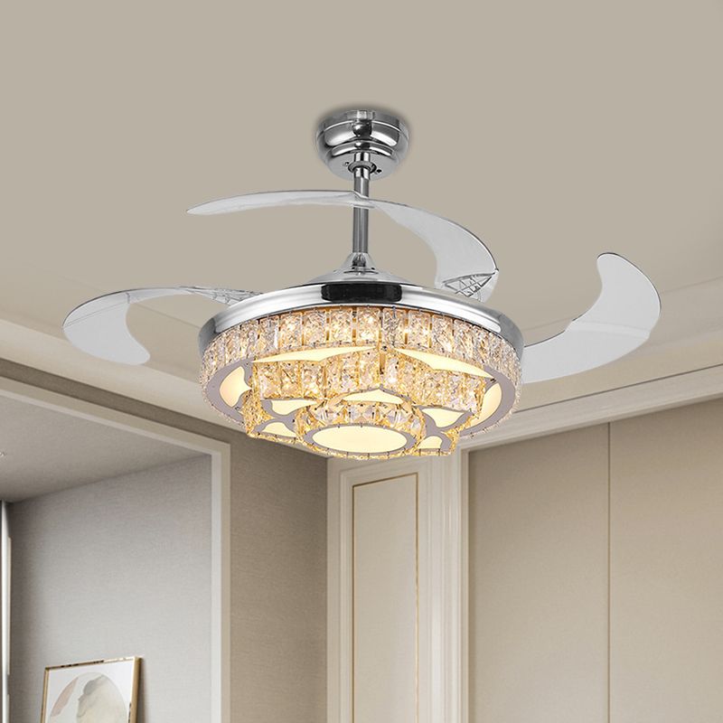 Eenvoudige lotus hangende ventilatorlamp kristalblok 19 "brede led -slaapkamer semi -flush licht in goud/chroom met 4 messen