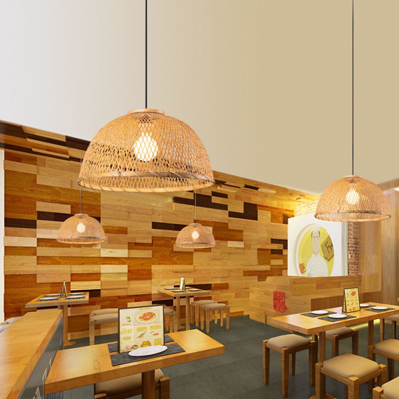 Wood Woven Suspension Lighting Minimalist Single Bamboo Pendant Ceiling Light for Restaurant