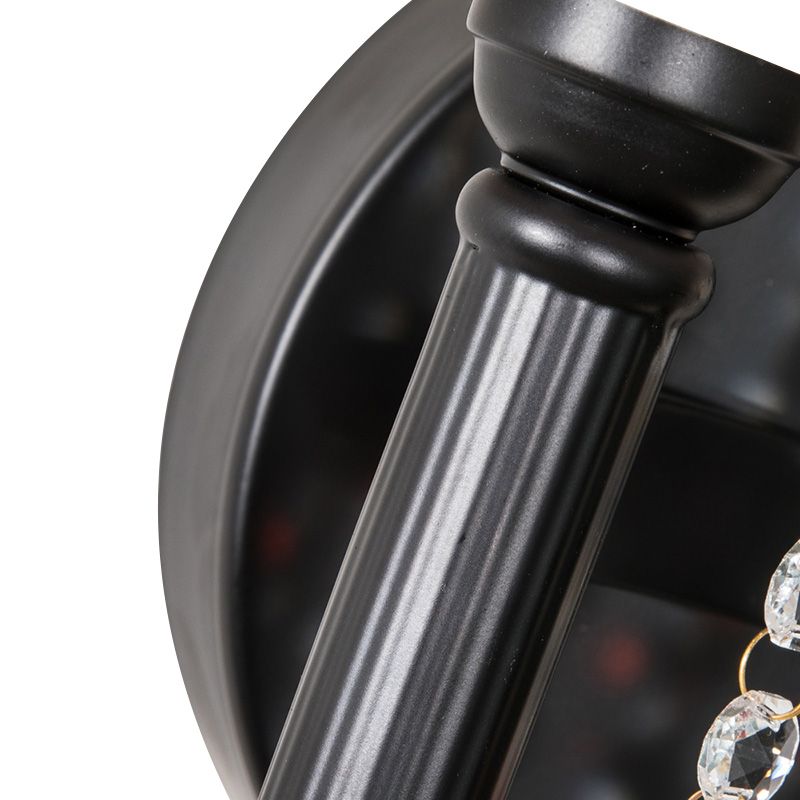 Fabric Drum Wall Lighting Lodge Style 2 Bulbs Corridor Sconce Lamp with Crystal Bead and U-Shaped Arm in Black