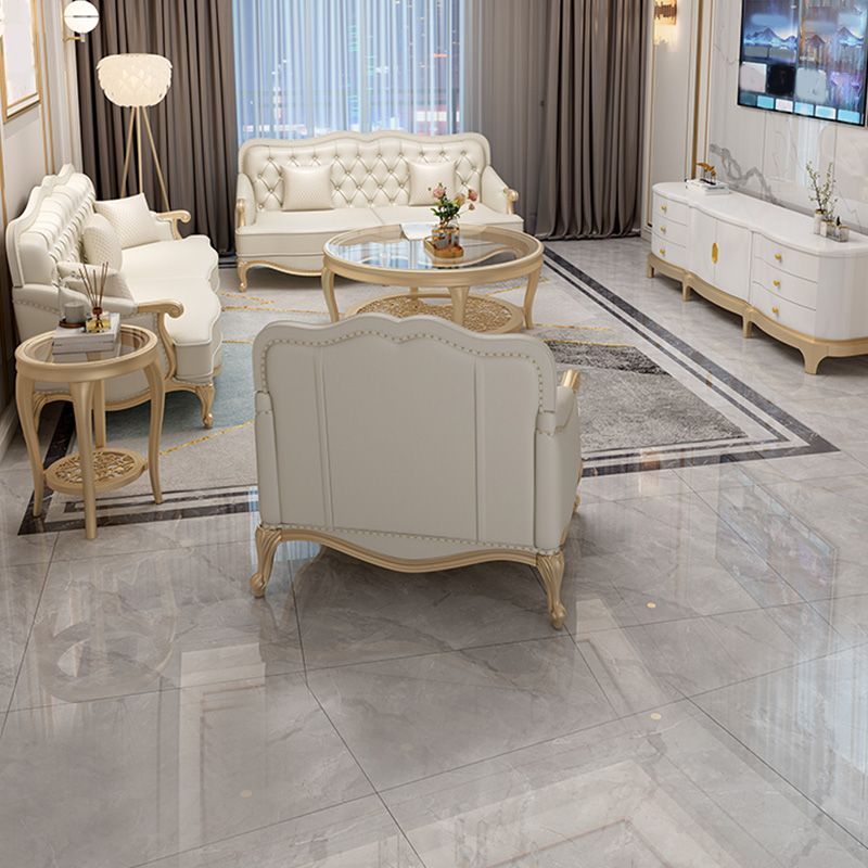 Beige Mid-Century Modern Sofa Tufted Genuine Leather Recessed Arm Sofa