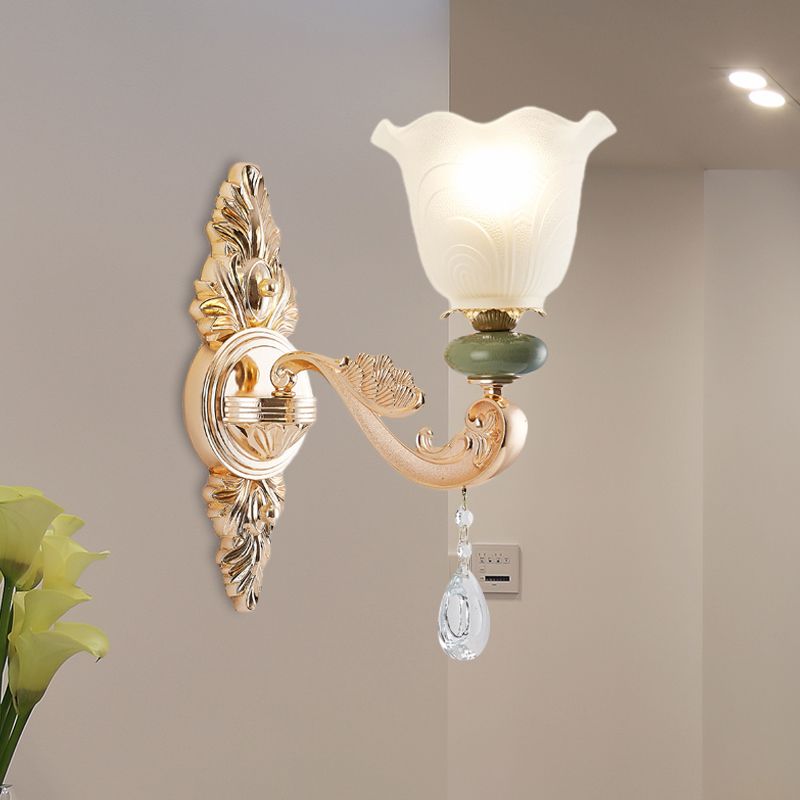 Traditional Ruffle Shade Wall Light 1/2-Bulb Opal Frosted Glass Sconce Lighting in Gold