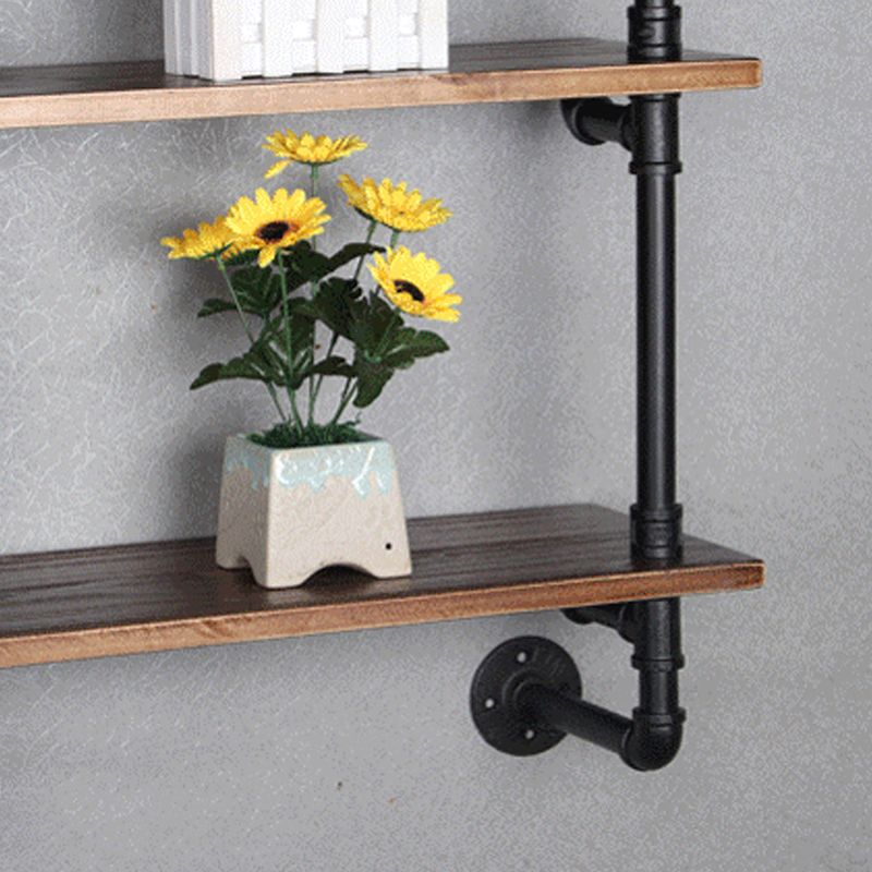 Industrial Wall Mounted Bookshelf with Black Iron Frame Pine Wood Shelf