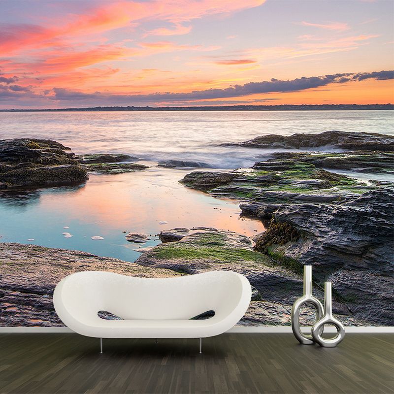 Sunset River Shore Scene Mural Decal Modern Non-Woven Material Wall Decor in Orange