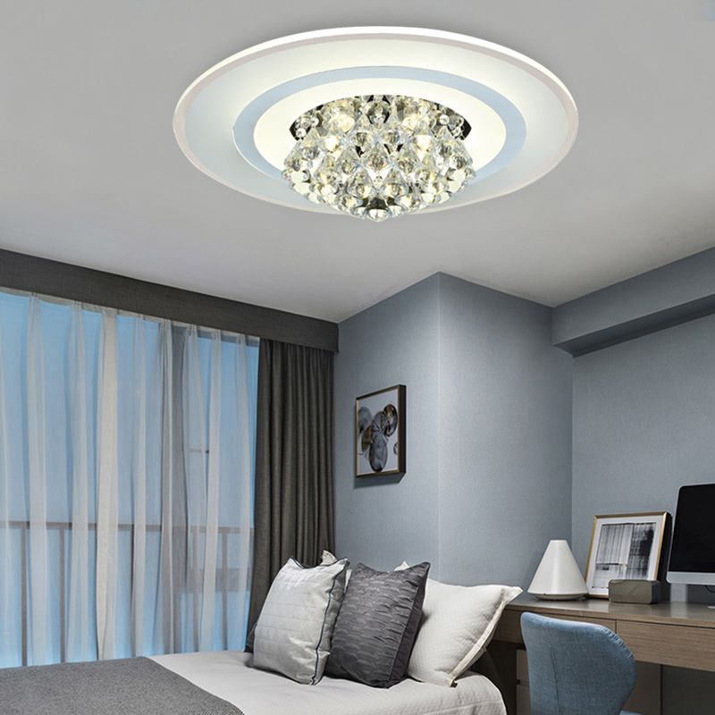 18"/23.5" W LED Round Flush Light Fixture Simple White Crystal Flush Mount Lighting for Living Room in Warm/White Light