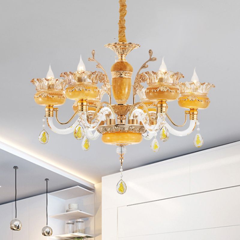 Candelabra eetkamer hanger traditionele kristal regendruppels 6 lampen gele kroonluchter