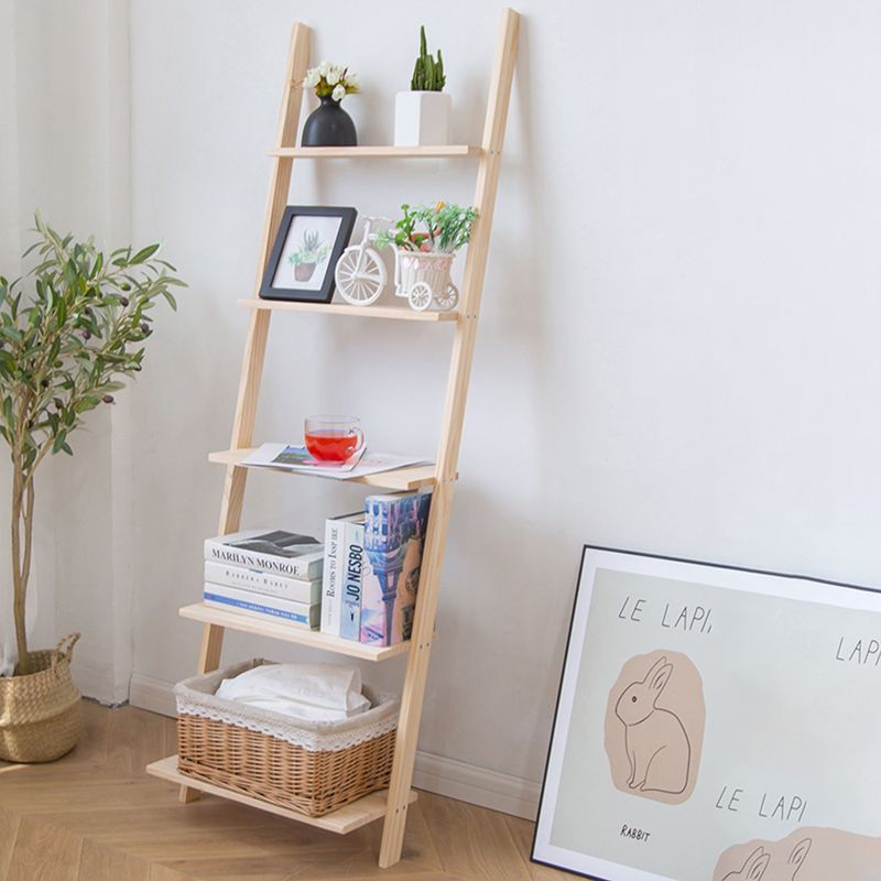 Contemporary Ladder Bookcase Solid Wood Open Back Bookshelf with Shelves