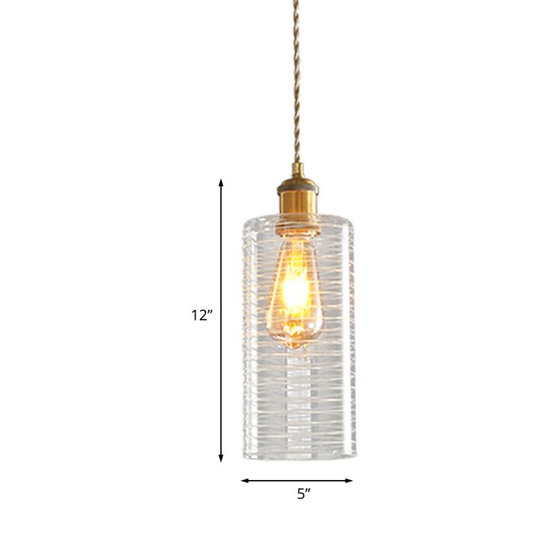 Colonialism Column Down Lighting Pendant 1-Bulb Clear Glass Hanging Ceiling Light in Gold