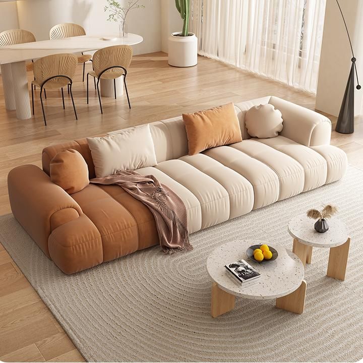 Contemporary Sewn Pillow Back Recessed Arm Sofa Couch in Orange/white
