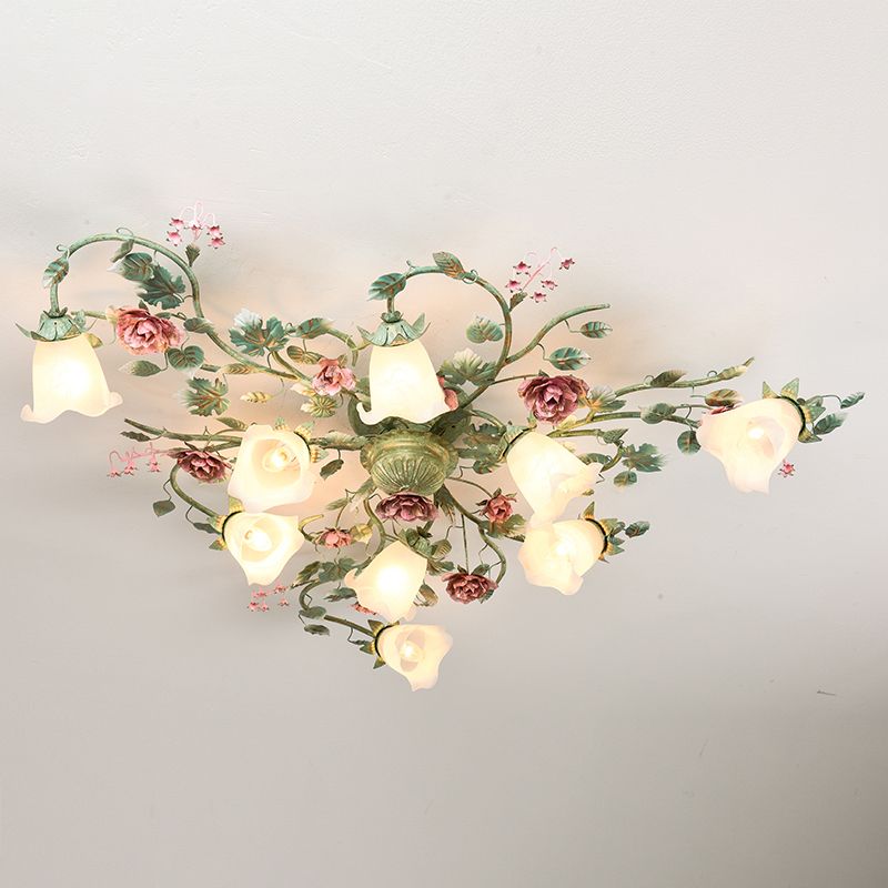 Turquoise Finish Ceiling Mounted Light Country Flower Opaline Glass Semi Flush Mount Lighting