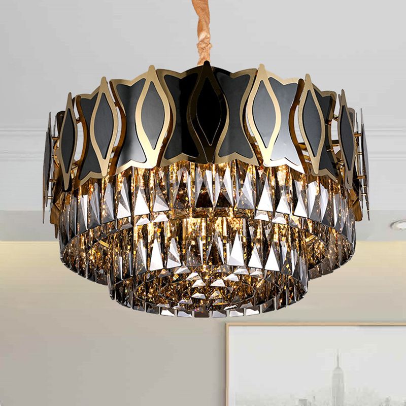 Black Round Chandelier Pendant Light Modernism 9 Lights Rectangle-Cut Crystal Suspension Light
