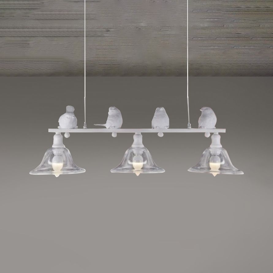 3-Bulb Clear Glass Island Lamp Rustic Black Flared Kitchen Pendant Lighting with Bird Decoration