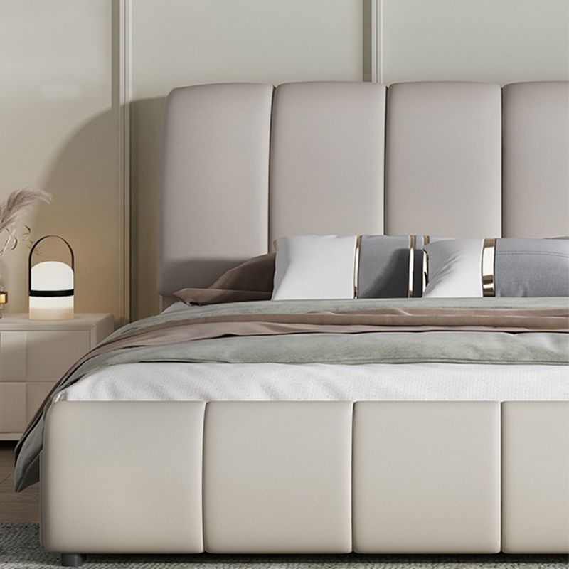 Faux Leather White Panel Bed Modern Standard Bed with Upholstered Headboard