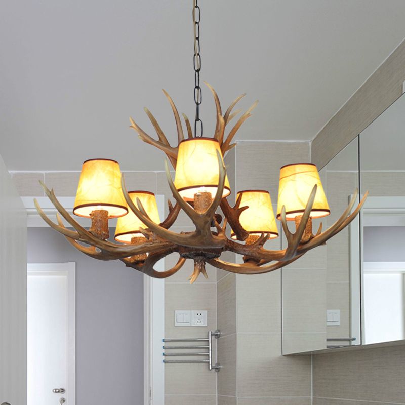 5 Lights Resin Chandelier Lamp Classic White/Brown and Yellow Antler Dining Room Hanging Ceiling Light with/without Shade