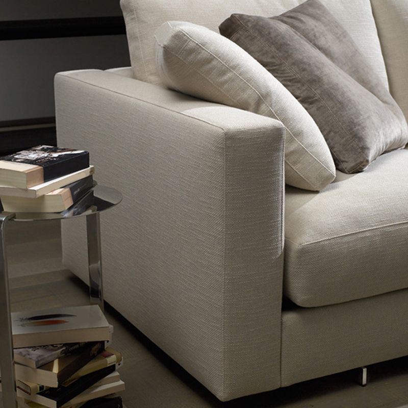 White Slipcovered Fabric Settee Recessed Arm Sofa with Pillows
