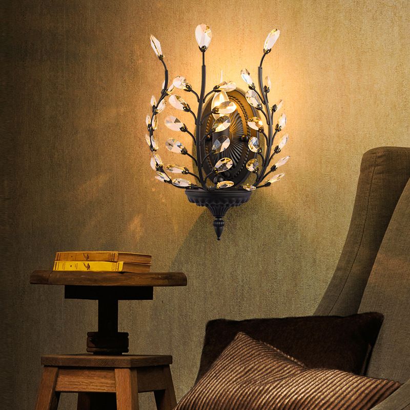Forme de fleur Mur Moup de lumière métal vintage 1 clair appiculture noire lumineuse avec décoration de feuille de cristal