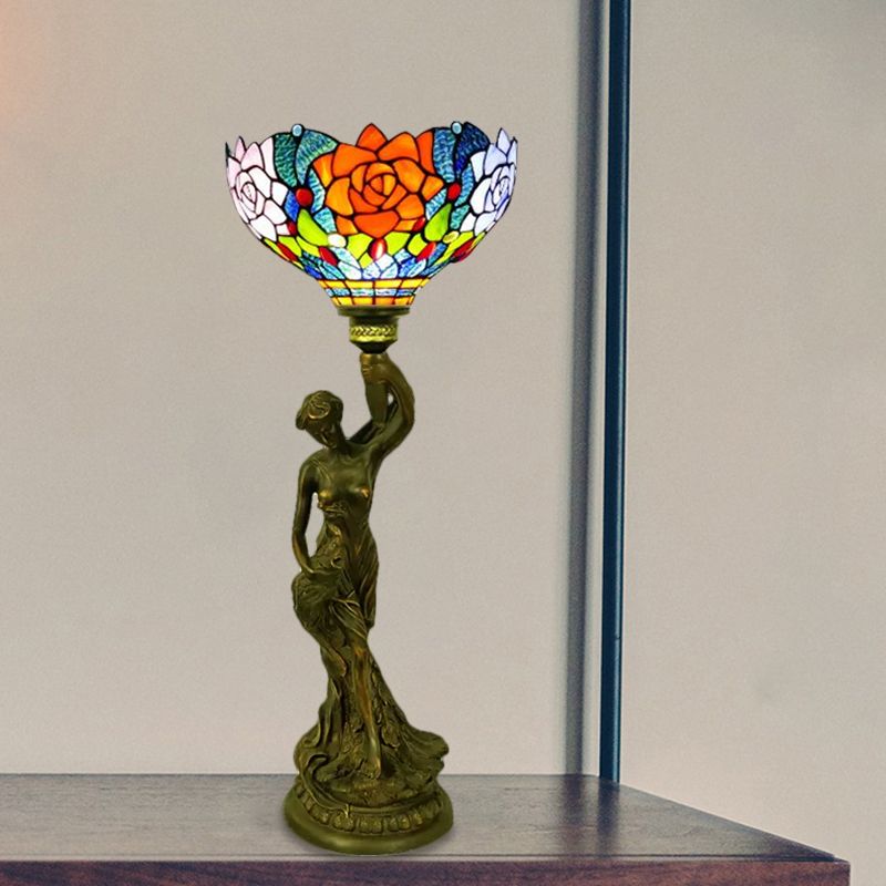 Bowl Table Lighting 1 Head Stained Glass Baroque Petal/Dragonfly Patterned Night Lamp in Brass with Resin Naked Woman Base