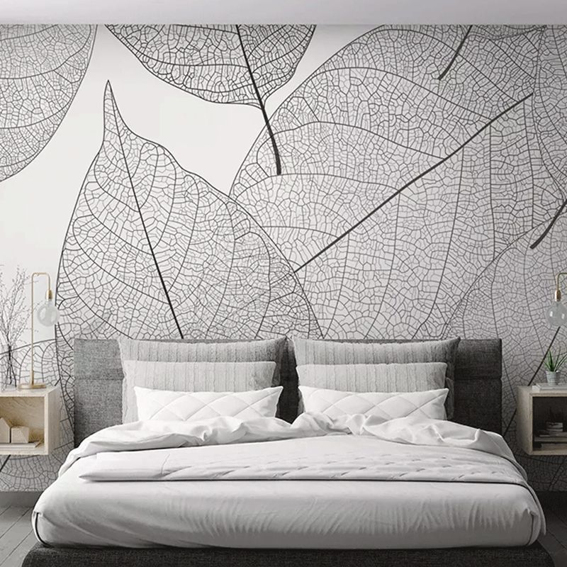 Contemporary Leaf Texture Mural Wallpaper in Grey Living Room Wall Art, Personalized Size Available