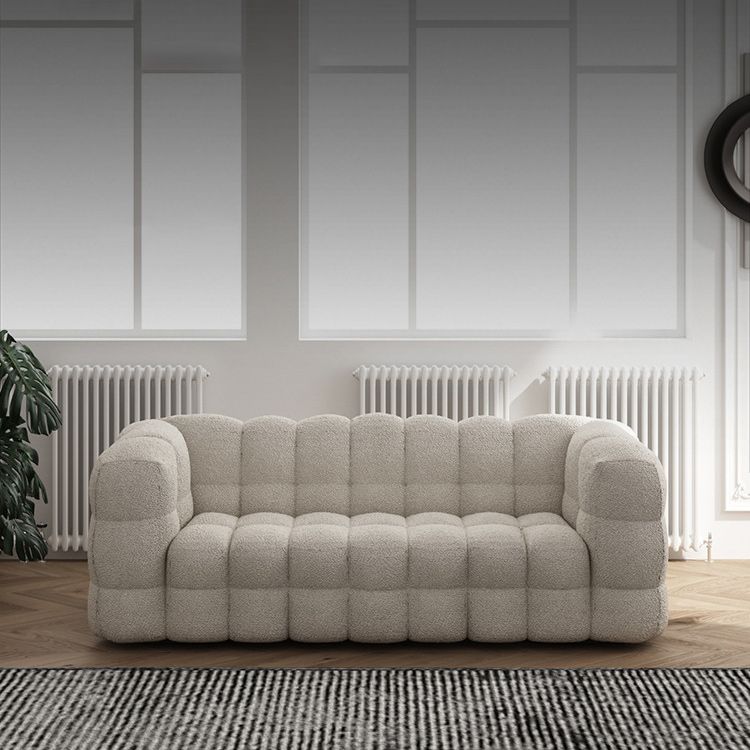 Contemporary White Wool Sofa with Tufted Back and Tuxedo Arm