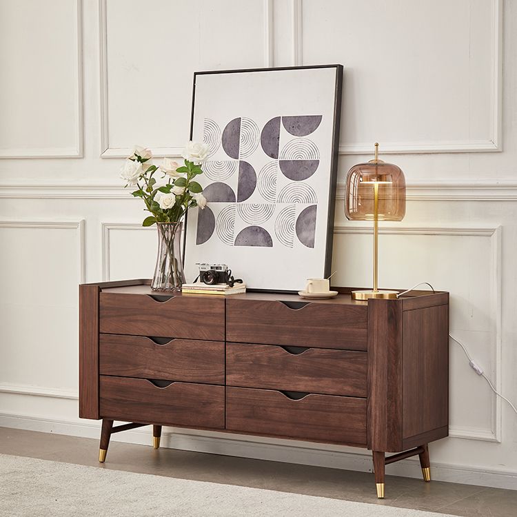 Mid-Century Modern Brown Accent Chest with 6 Soft Close Drawers