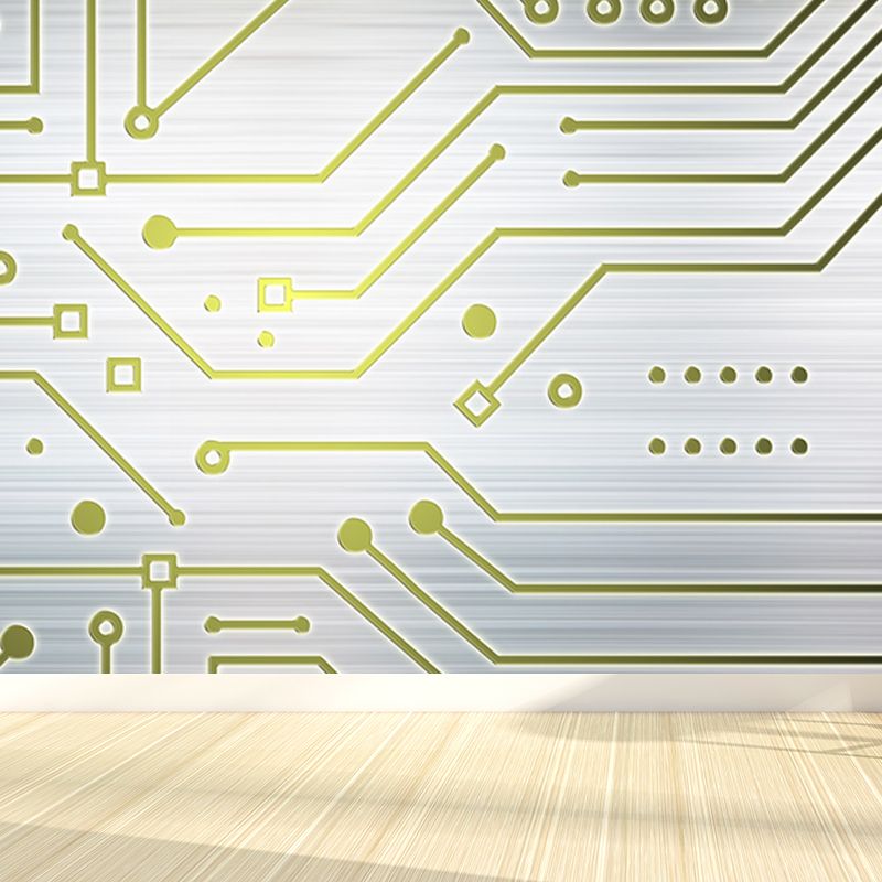 Industrial Circuit Board Mural Non-Woven Texture Waterproof Light Gray Wall Art for Bedroom