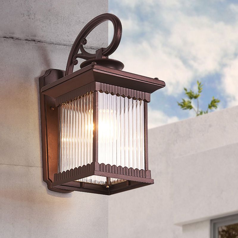 1-Head Clear Ribbed Glass Wall Light Rustic Black Finish Cuboid Outdoor Wall Sconce Lamp