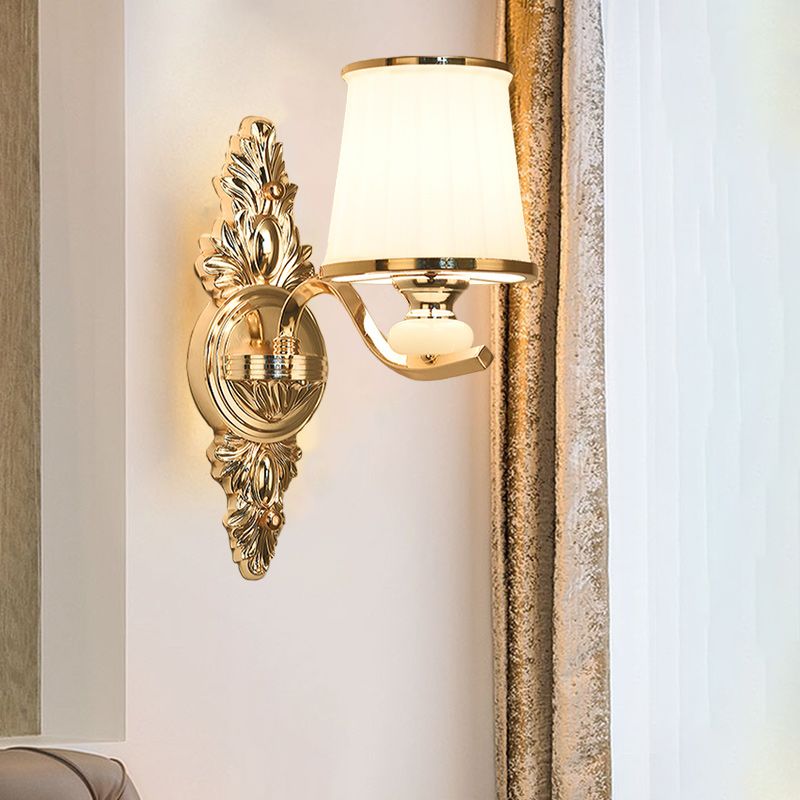 Cone Bedroom Wall Light Fixture Traditional White Glass 1/2-Bulb Chrome/Gold Finish Wall Sconce with Carved Backplate