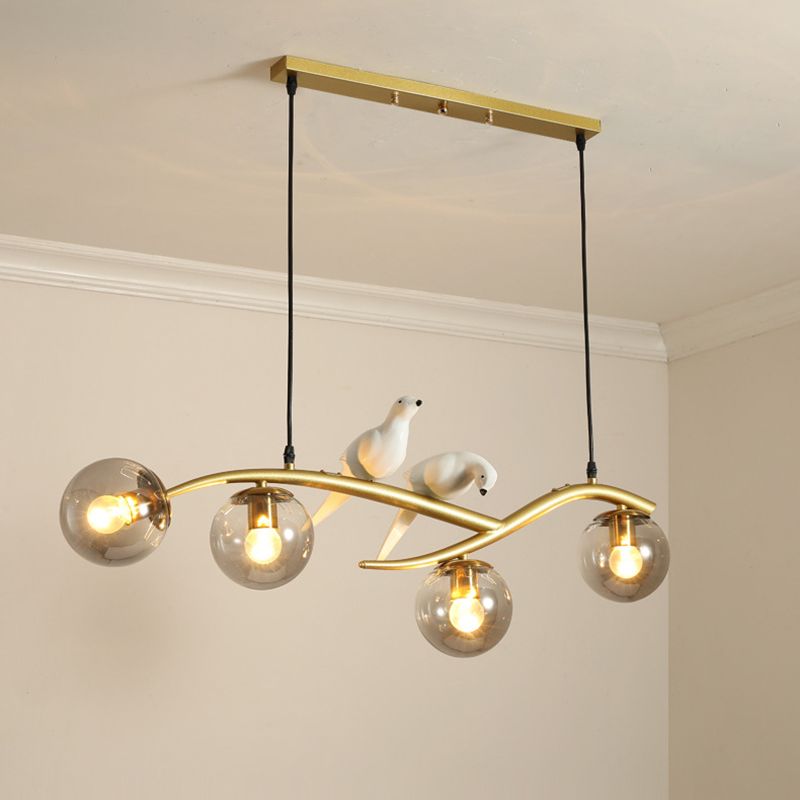 Wrought Iron Island Pendant Light in Modern Luxury Style Glass Sputnik Ceiling Light with Resin Bird Decoration