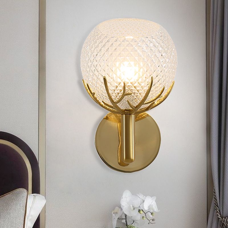 Global Wall Lamp Contemporary Style Frosted Lattice Glass 1 Light Brass Finish Wall Light Sconce