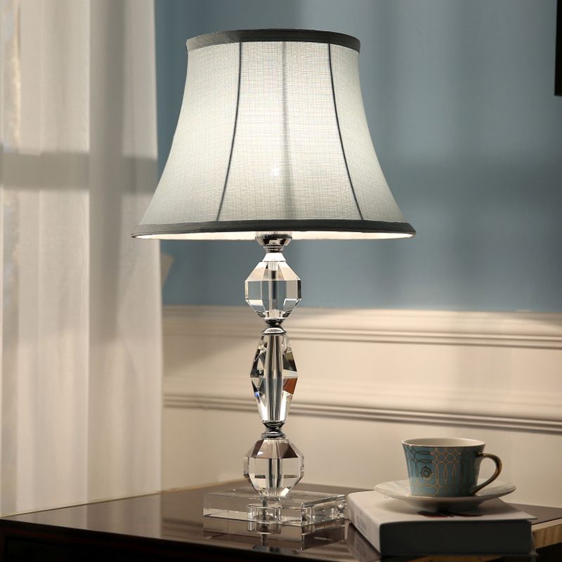 1 Bulb Night Stand Lamp Contemporary Polyhedron Clear Crystal Table Light with Tapered Fabric Shade