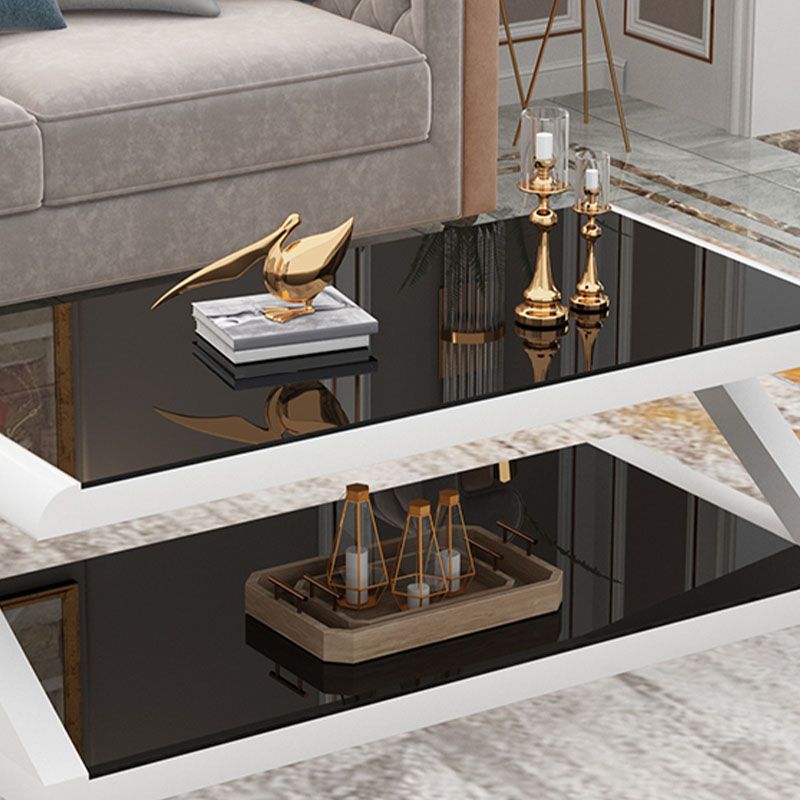 17.7"H Rectangle Glass Coffee Table Steel Abstract Base Cocktail Table with Shelf