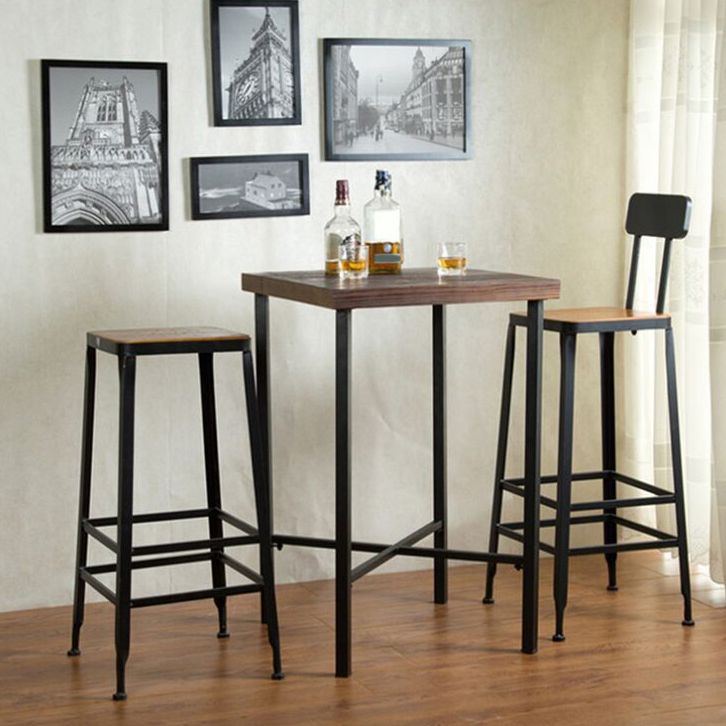 Brown Solid Wood Pub Table Square Bar Height Cocktail Table with Footrest