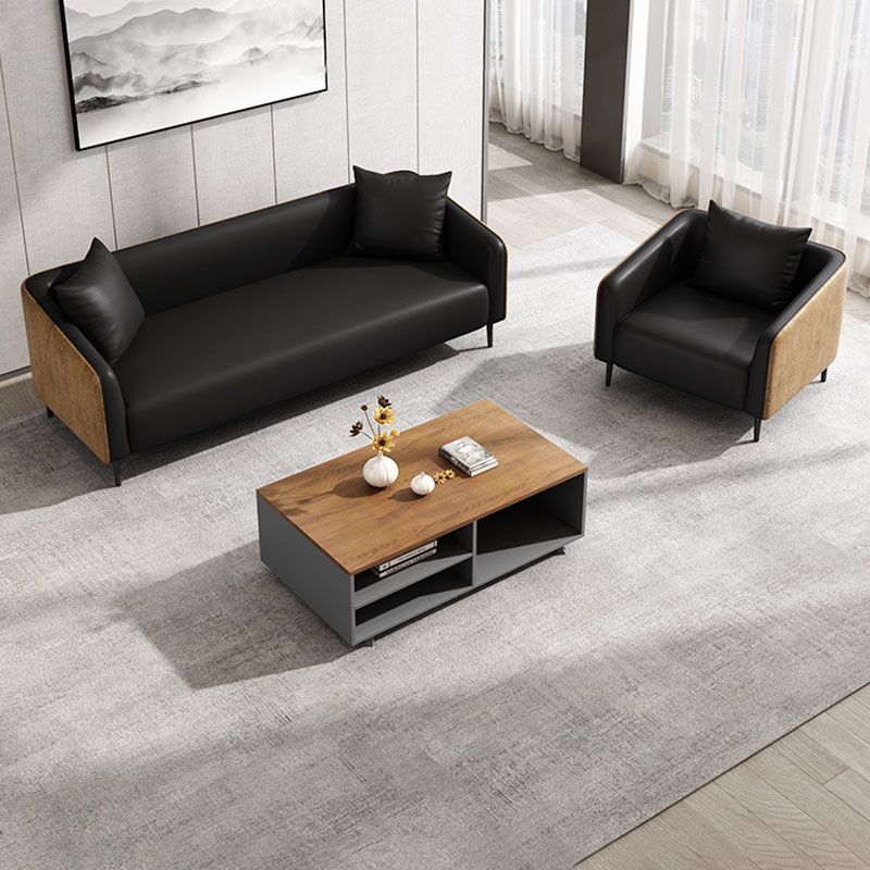 Modernism Faux Leather Sofa Tuxedo Arm Sofa with Wood Grain Accent