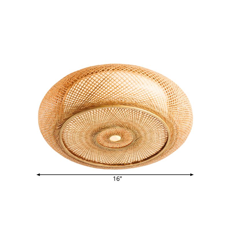 Handgemaakte slaapkamer inbouwlamp bamboe 16"/19,5" W 3-lichts plafondinbouwlamp met ronde kap in beige