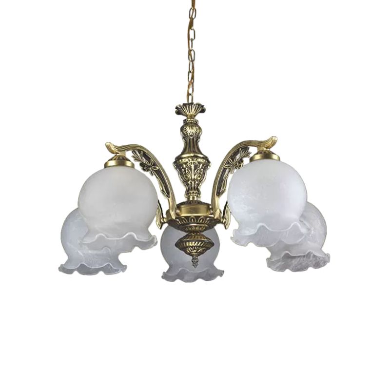 Retro Dome Shade Chandelier 5-Bulb White Glass Hanging Pendant Light with Ruffled Trim in Bronze