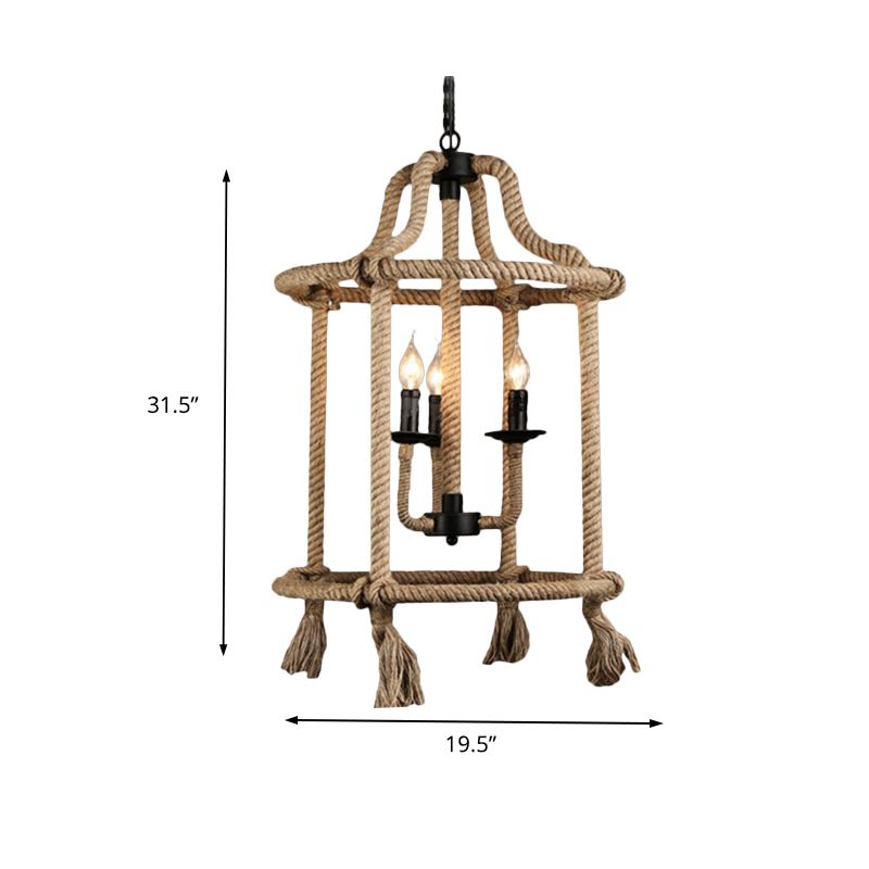 Brown Geometric Ceiling Light with Cage Shade Retro Style Hemp Rope 3 Lights Dining Room Chandelier Lighting