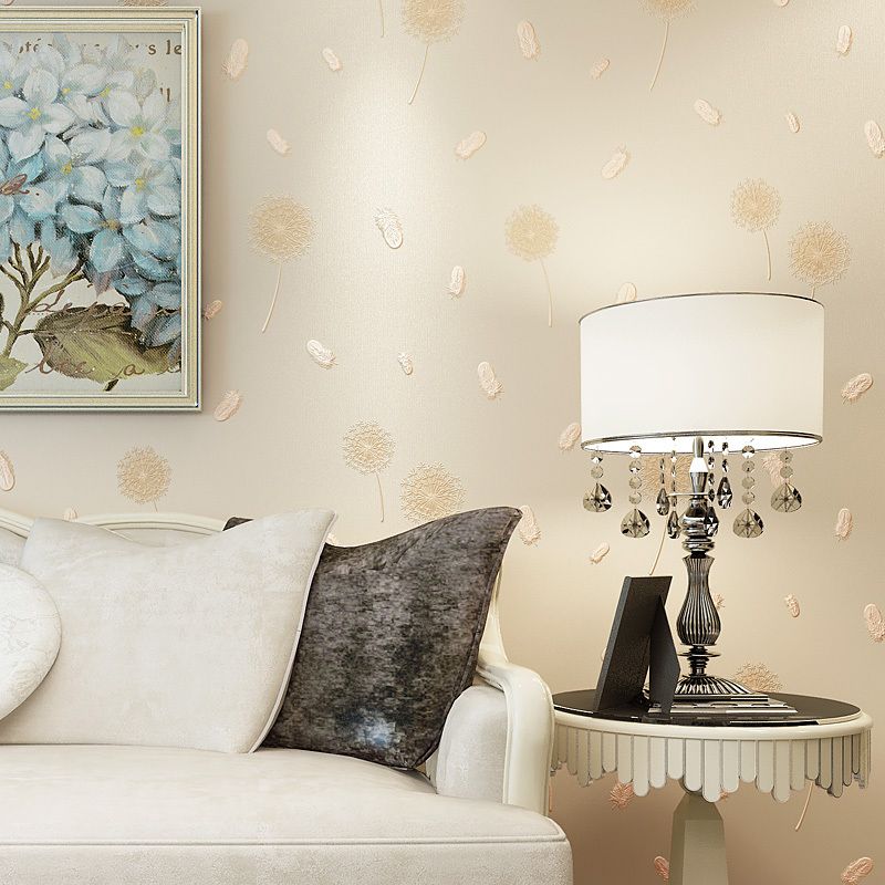 Rustic Girls Wallpaper Roll with Feather and Dandelion Pattern Soft-Color Wall Art